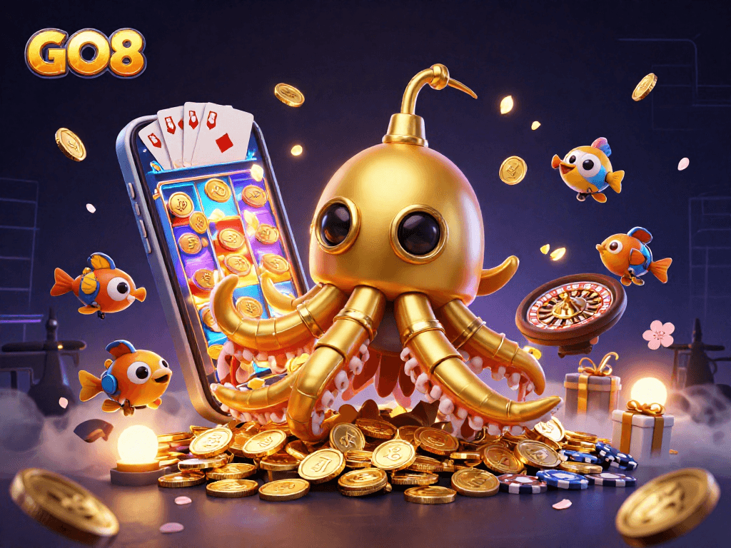 Experience thrilling gameplay with GO8's golden kraken submarine emerging from golden coins, showcasing vibrant casino elements.