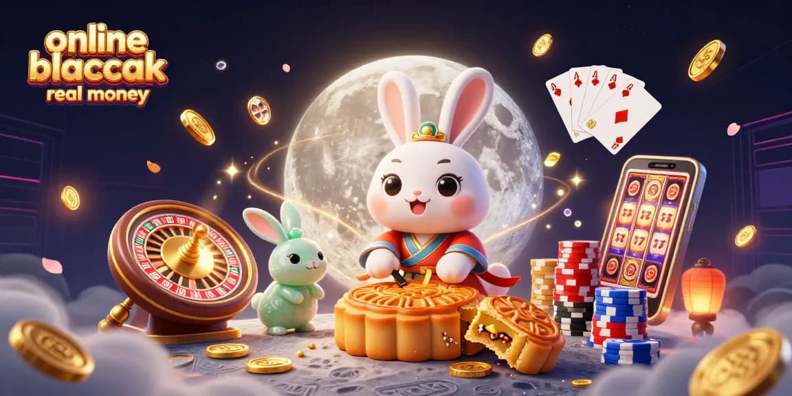 Experience thrilling online blackjack real money action with a mystical scene featuring a moon rabbit and poker chips.