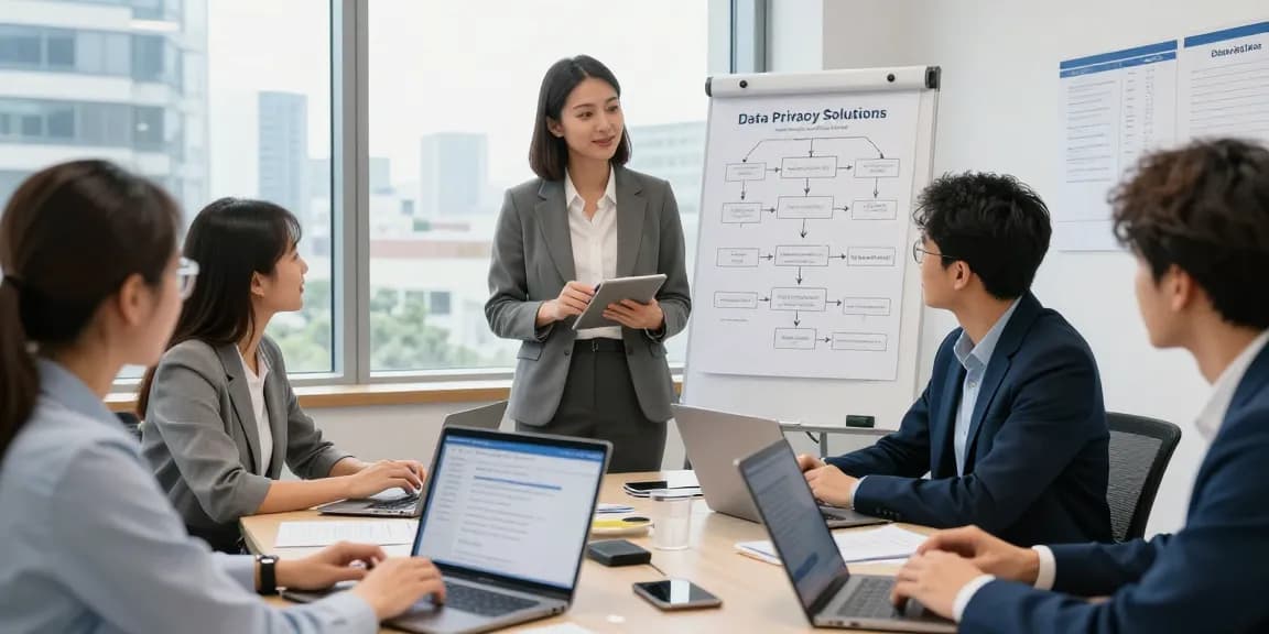 Beratung zur Datenschutzdienstleistung in einem modernen Büro mit Präsentation über DSGVO-Compliance.
