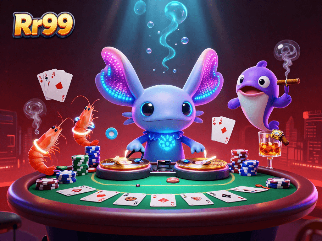 Engage in thrilling gameplay at Rr99 with a vibrant underwater casino scene featuring axolotl DJ and colorful poker elements.