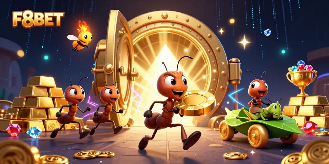 F8BET ants' heist carrying a giant poker chip surrounded by treasures and casino elements.