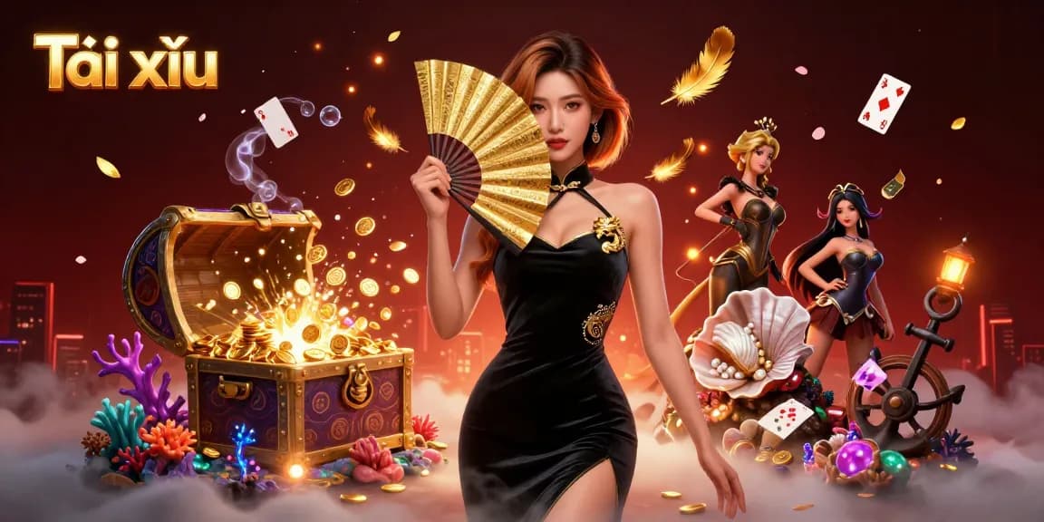 Tài xỉu illustrated scene featuring a stunning Asian woman amidst gold coins and vibrant game elements, creating an enchanting atmosphere.
