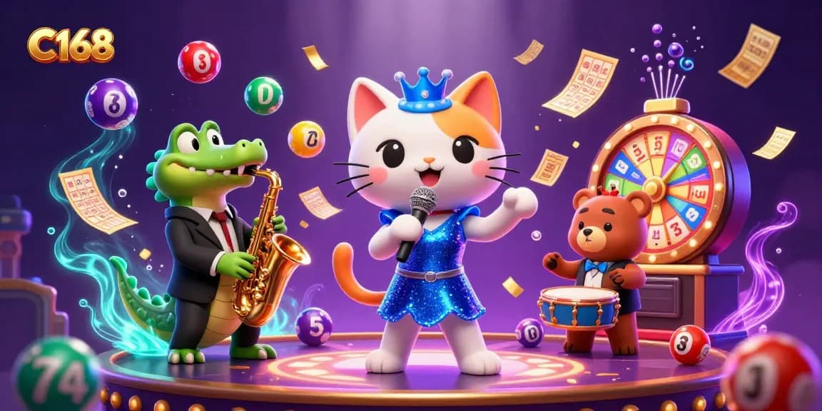 C168 jazz-singing cat performs while vibrant casino elements create a lively gambling atmosphere.