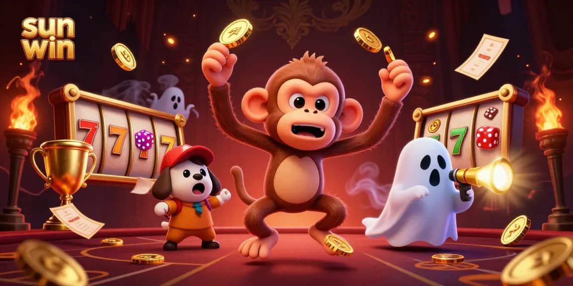 Engage in the thrills of sun win as a mischievous ghostly monkey juggles coins in a haunted casino.