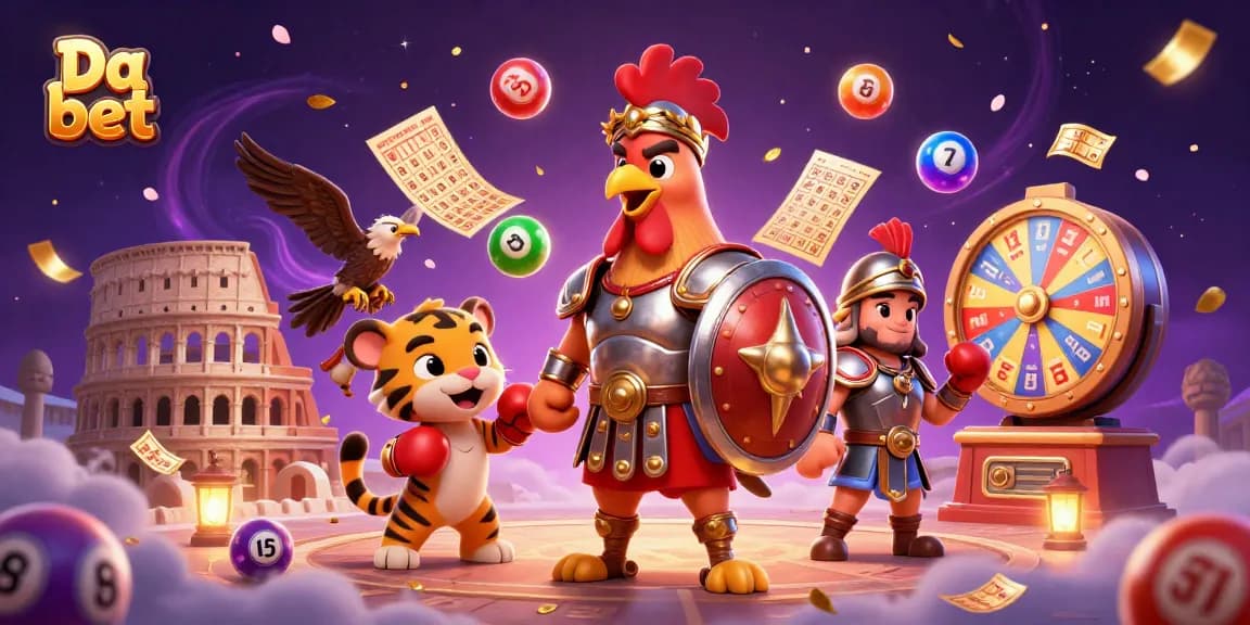 Engage in excitement with Da bet as colorful lottery elements and a dynamic rooster character come to life.