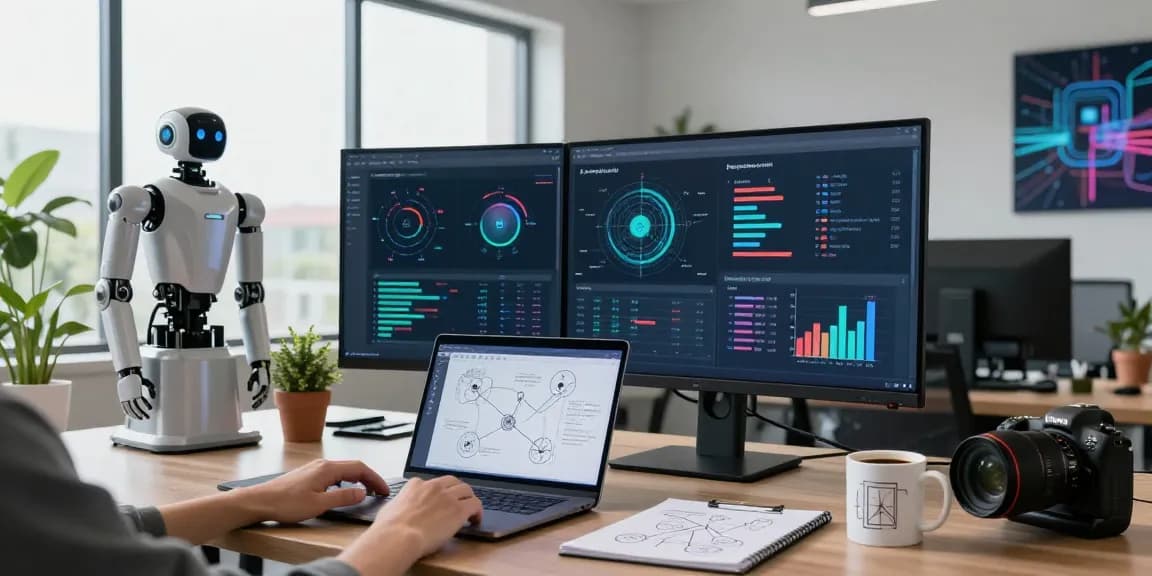 Data scientist analyzing agentic AI applications in a modern workspace with technology displays and AI elements.