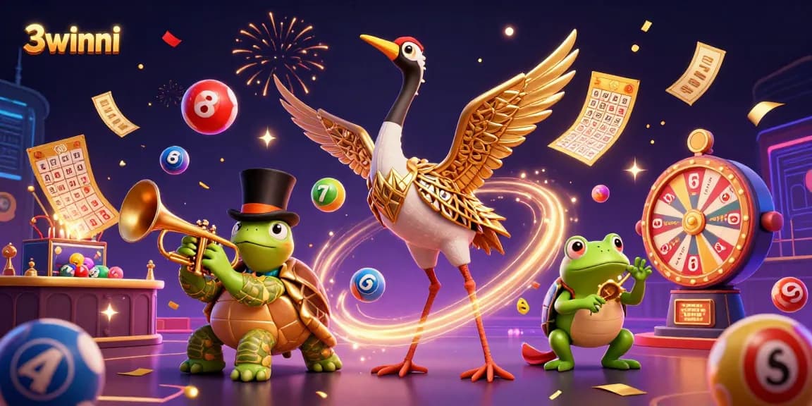 Experience the excitement at 3winni with a vibrant casino scene featuring colorful lottery balls and unique characters.
