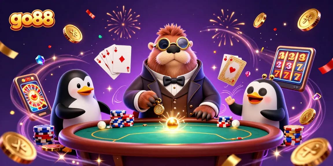 Immerse in go88's vibrant casino world with a jolly walrus and sophisticated characters playing poker and enjoying thrilling games.