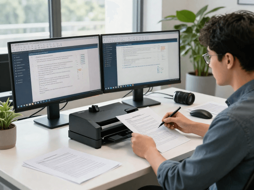 Document fraud detection scene featuring an analyst evaluating documents in a modern workspace with advanced technology.