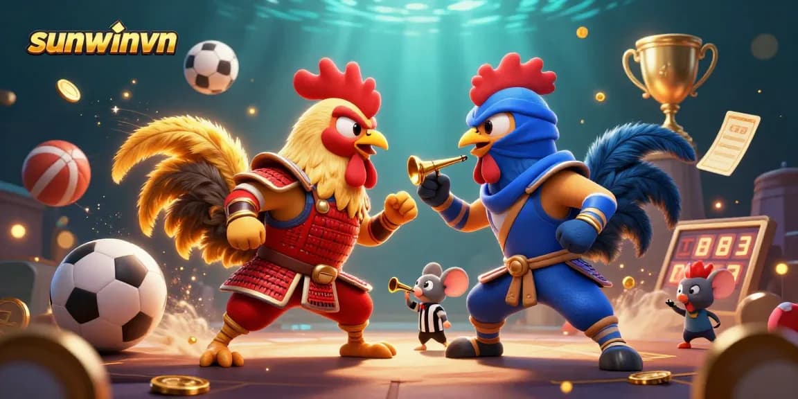Bet on exciting matchups at sunwinvn with dynamic 3D rooster showdown illustrations.