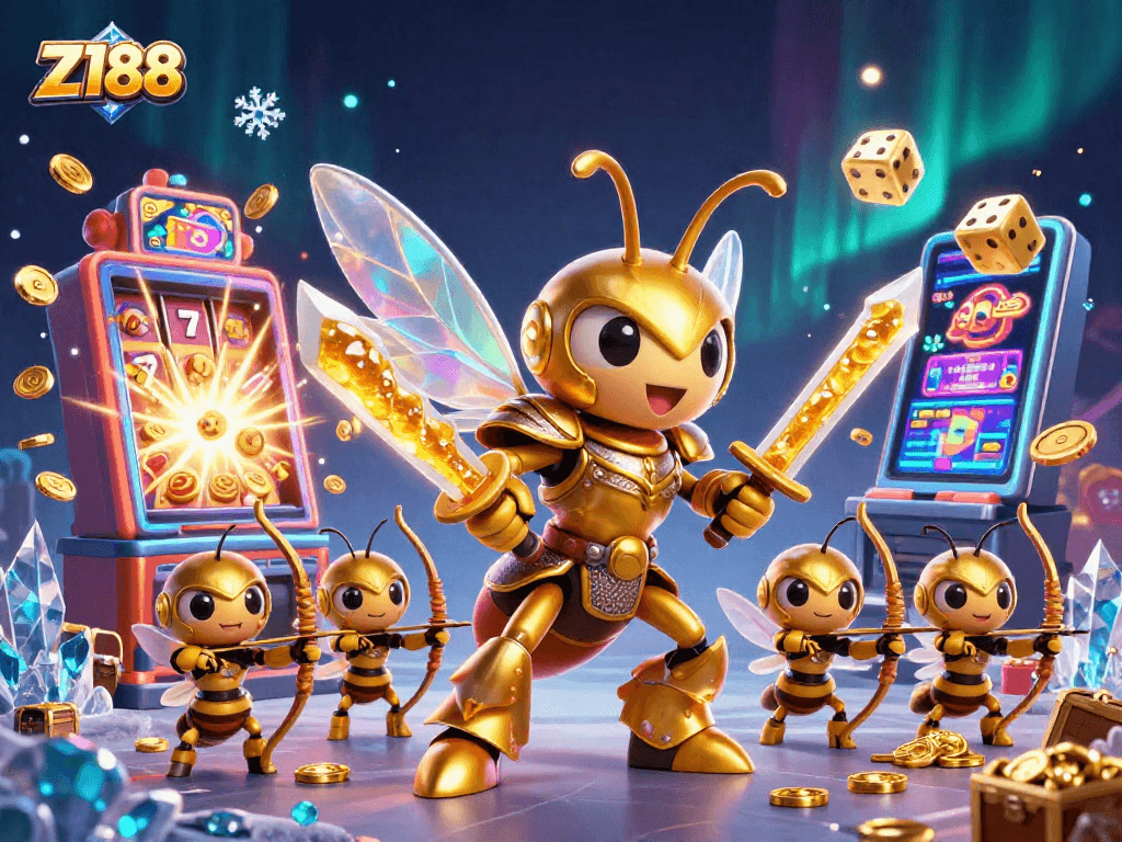 Z188 offers a thrilling gaming experience with vibrant visuals of a 3D golden hornet and dynamic casino elements.
