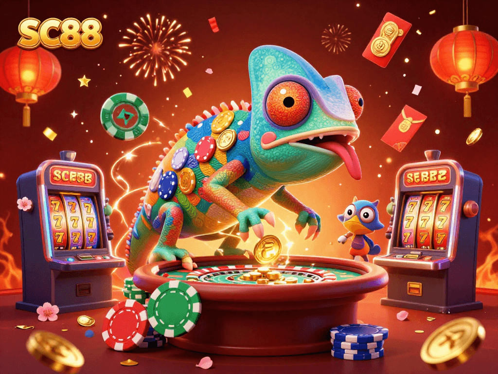 Engage with SC88's vibrant gaming atmosphere featuring a chameleon casino owner and dynamic slot machines.
