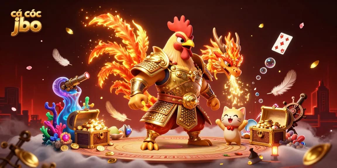 Cá cược jbo illustrated with a fierce fighting rooster warrior and dragon hatchling surrounded by gaming elements.