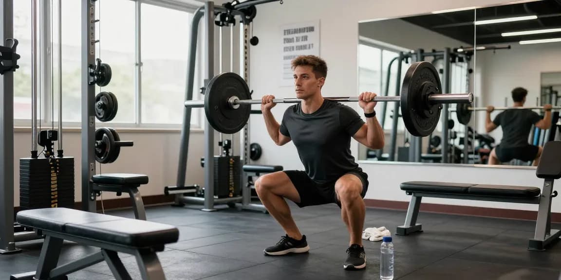 Anabolika Shop: Athlet beim Workout im modernen Fitnessstudio mit motivationalen Elementen.