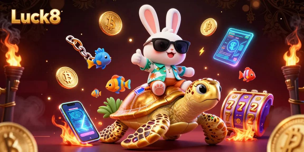 Experience the vibrant energy of Luck8 with a playful rabbit and sea turtle in an exciting casino scene.