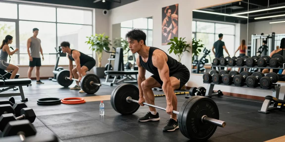 Bodybuilder training with weights in a bright Anabolika Shop gym, showcasing focus and strength.