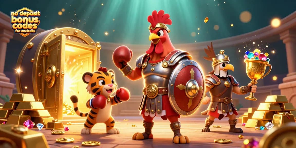 No deposit bonus codes for Australia displayed within a vibrant 3D casino scene with engaging characters and rich elements