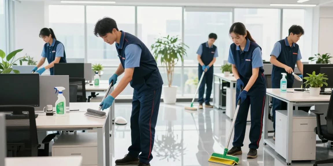 Professionelle Gebäudereinigung Düsseldorf - Reinigungsteam bei der Büroreinigung.