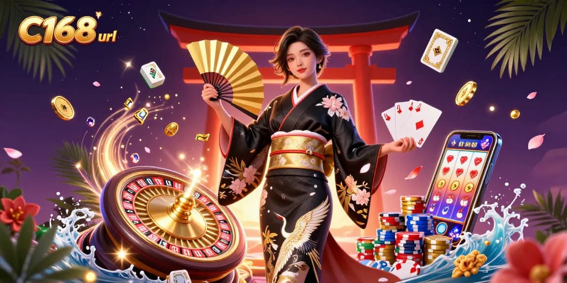 C168 url enhances the gaming experience with a vibrant casino scene featuring a majestic Asian woman and lively gaming elements.