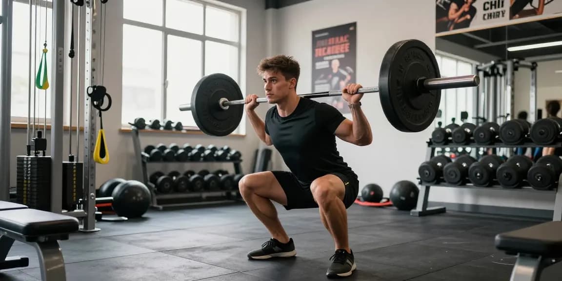 Anabolika Shop - Bodybuilder, der in einer dynamischen Fitnessumgebung Langhantelkniebeugen ausführt und dabei Engagement und Krafttraining betont.
