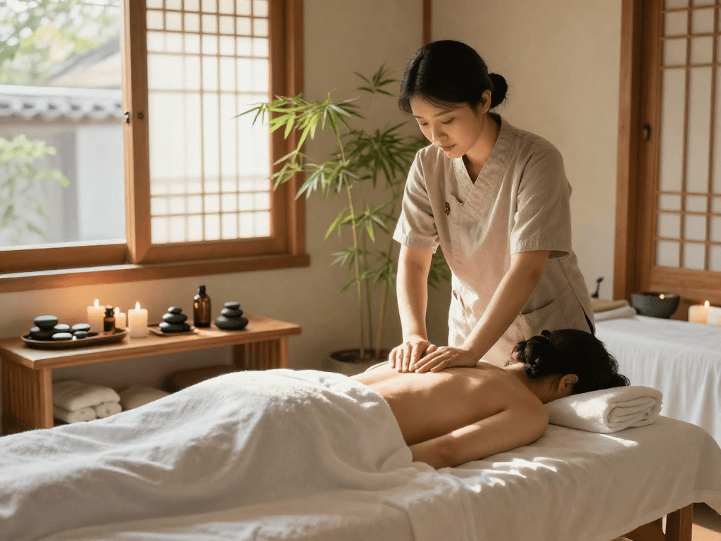 Relaxing 종로출장안마 session in a serene spa setting, massage therapist with essential oils and candles.