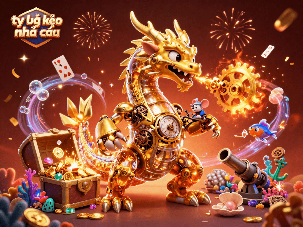 Engage with tỷ lệ kèo nhà cái in a vibrant casino scene featuring a biomechanical dragon and celebrating elements.