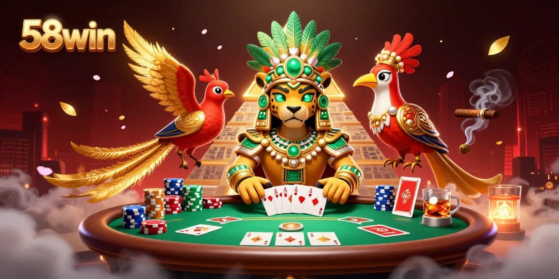 Experience thrilling poker action at 58win with a vibrant Mayan-themed casino scene.
