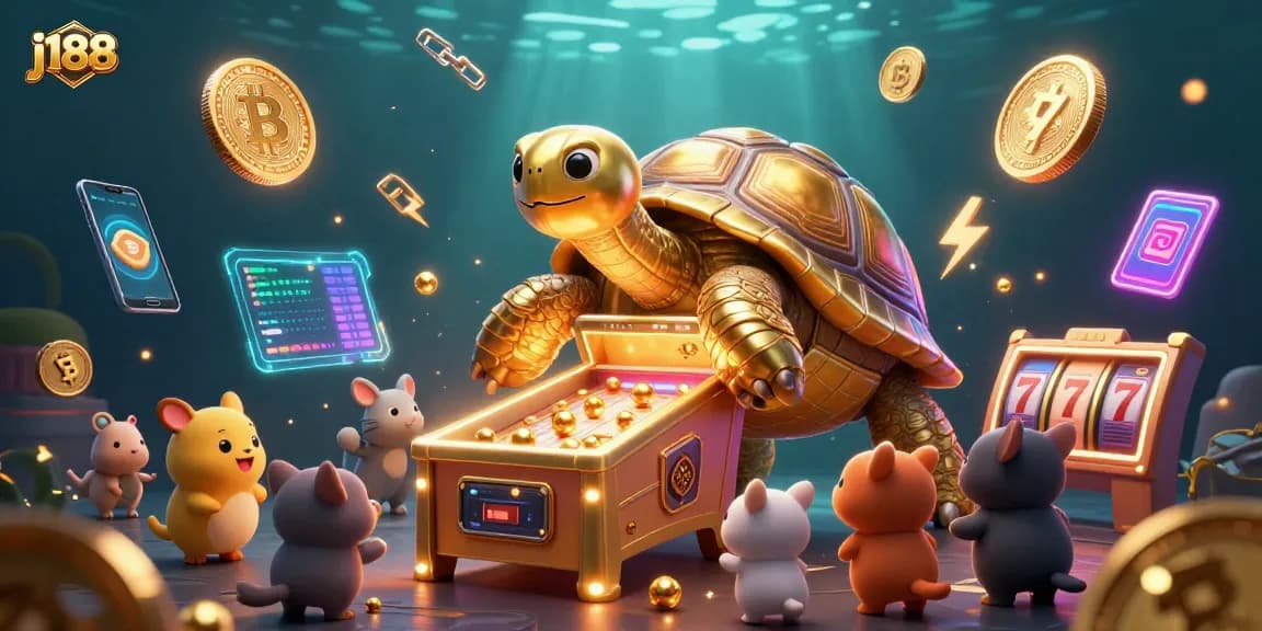Experience thrilling fun at j188 with our vibrant 3D casino scene featuring crypto elements.