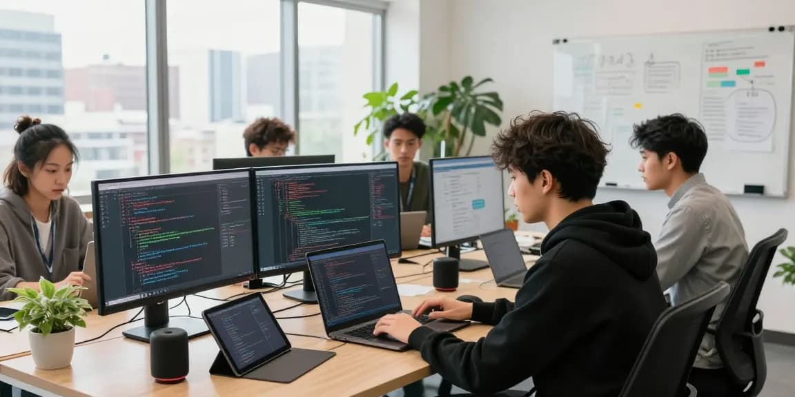 Software development team at https://sc88.chat/ collaborating in a bright workspace with coding displays and brainstorming notes.