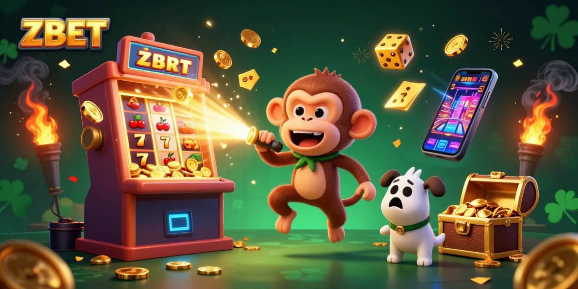 ZBET's exciting casino scene showcasing a mischievous monkey and a curious puppy among vibrant slots and jackpots