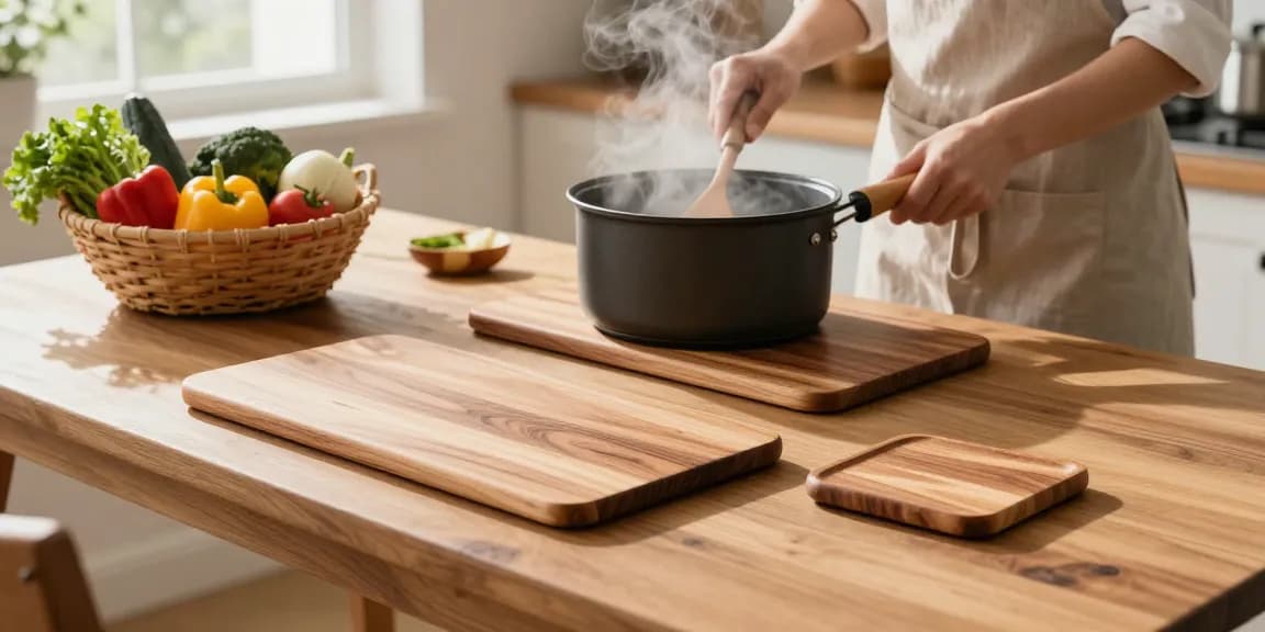 Topfuntersetzer aus Holz, die die Küchenaesthetik mit lebendiger Kochszene verbessern.