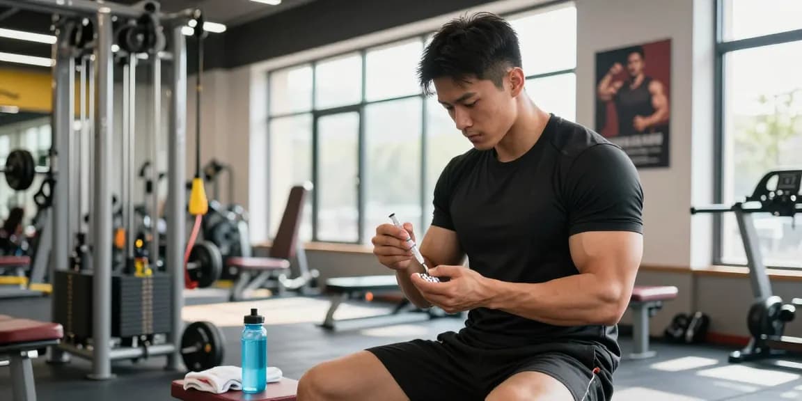 Anabolika Shop: Bodybuilder preparing for workout with anabolic steroids in a dynamic gym environment.