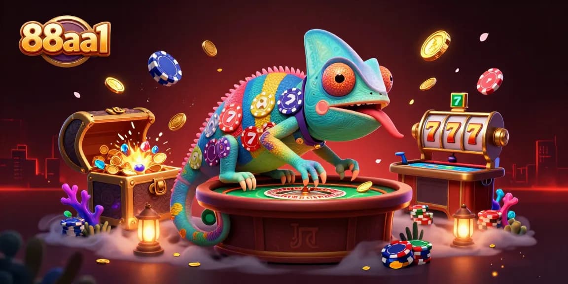 Experience the vibrant world of 88aa1 casino, where chameleons capture golden coins amidst casino excitement.