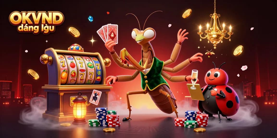 OKVND đăng nhập with a vibrant casino scene featuring a mantis dealer, ladybug pit boss, and lively slot elements.