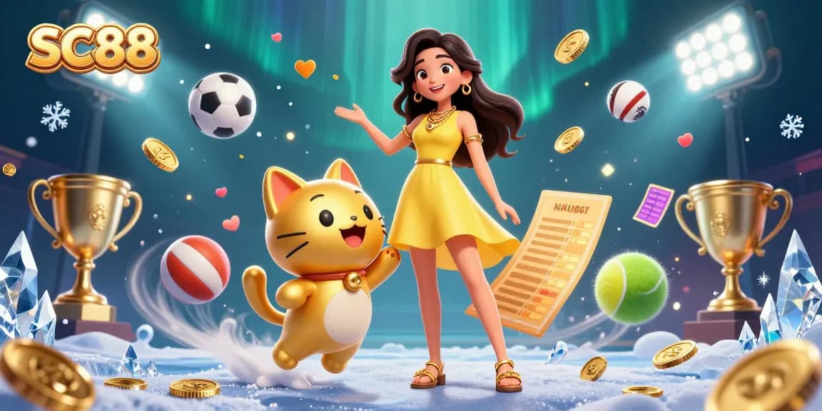 Bet on SC88 with a beautiful Asian woman and a lucky cat amidst vibrant casino elements.