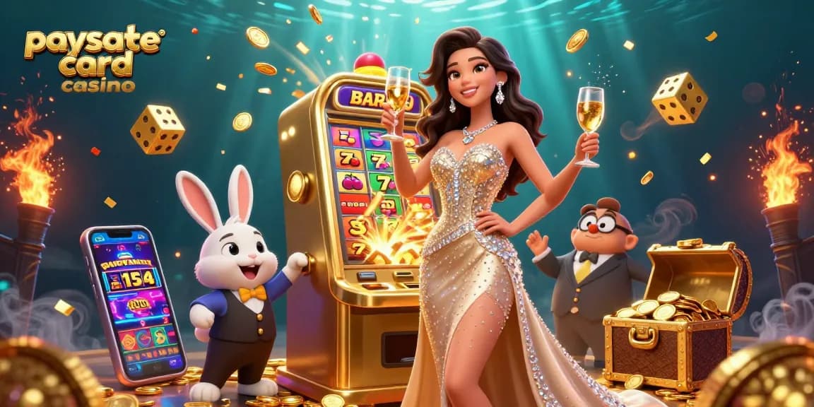 Interagieren Sie mit aufregenden Spielen in einem Paysafe Card Casino, mit einer glamourösen Frau und Jackpot-Spielautomaten.