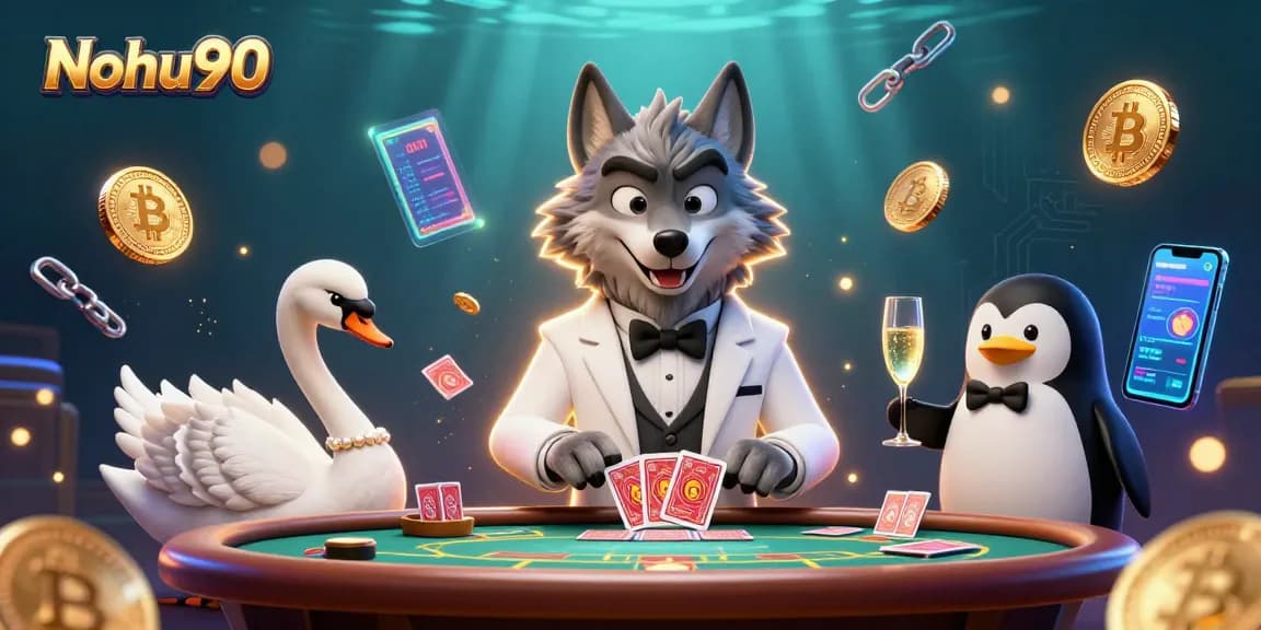 Nohu90 gamblers celebrating wins at a baccarat table with glowing coins and game graphics.