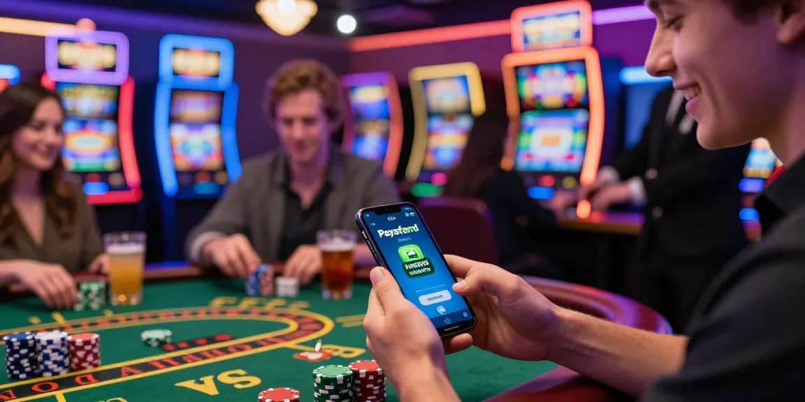 Aufgeregte Spieler, die in ein Paysafe Card Casino einzahlen, umgeben von lebhaften Spielen und energetischer Atmosphäre.