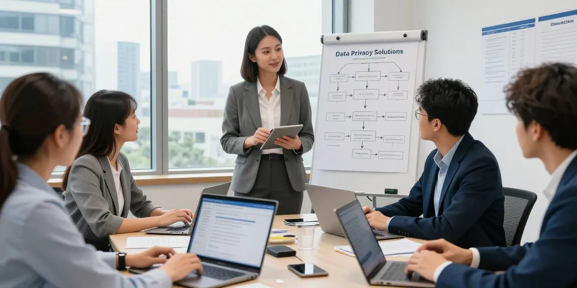 Beratung zur Datenschutzdienstleistung in einem modernen Büro mit Präsentation über DSGVO-Compliance.
