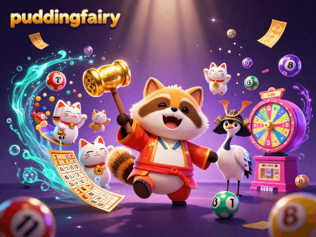 Engage in fun gaming at puddingfairy, featuring a cheerful tanuki and colorful casino elements.