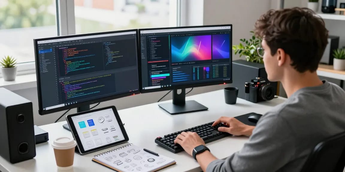 Build internal tools with AI in a modern tech workspace featuring a developer coding with dual monitors and vibrant decor.