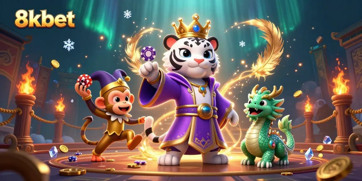 Engage in exciting gameplay at 8xbet with a brilliant illustration of a white tiger and jester amidst vibrant casino elements.
