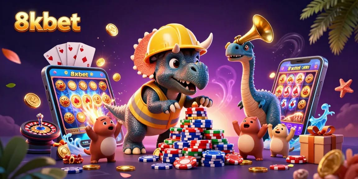 8xbet players celebrating wins with colorful slot games and poker chips in an engaging casino scene