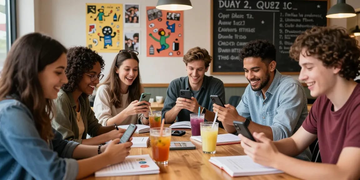 Quiz Allgemeinwissen: Freunde in einem Café genießen gemeinsames Lernen mit spannenden Quizfragen und Drinks.