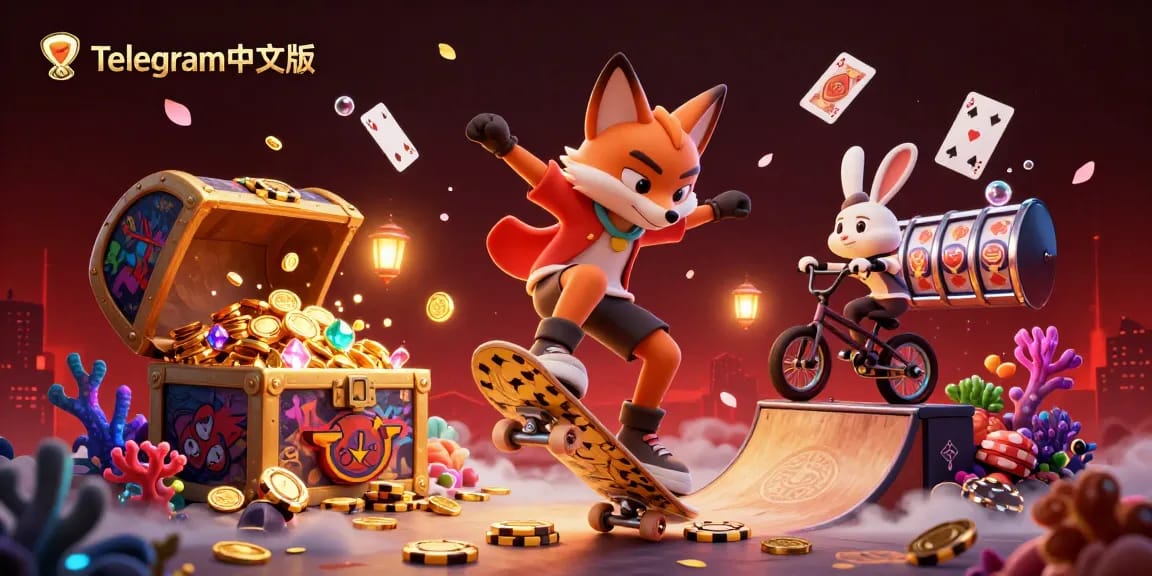 滑板狐狸和BMX兔在老虎机转轮上表演特技，描绘了生动的赌场主题艺术中的Telegram中文版。