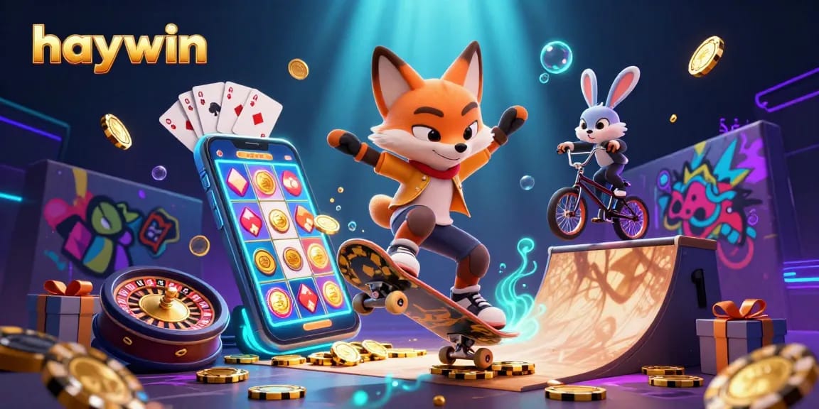 haywin showcases an energetic casino scene with a skateboarder fox and a BMX-riding rabbit in action.