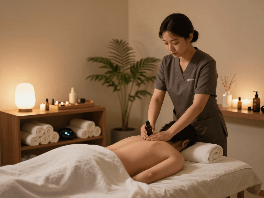 강서구출장마사지 treatment room with relaxing atmosphere and professional therapist.