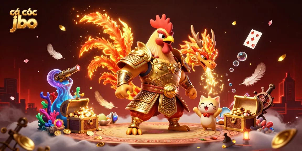 Cá cược jbo illustrated with a fierce fighting rooster warrior and dragon hatchling surrounded by gaming elements.