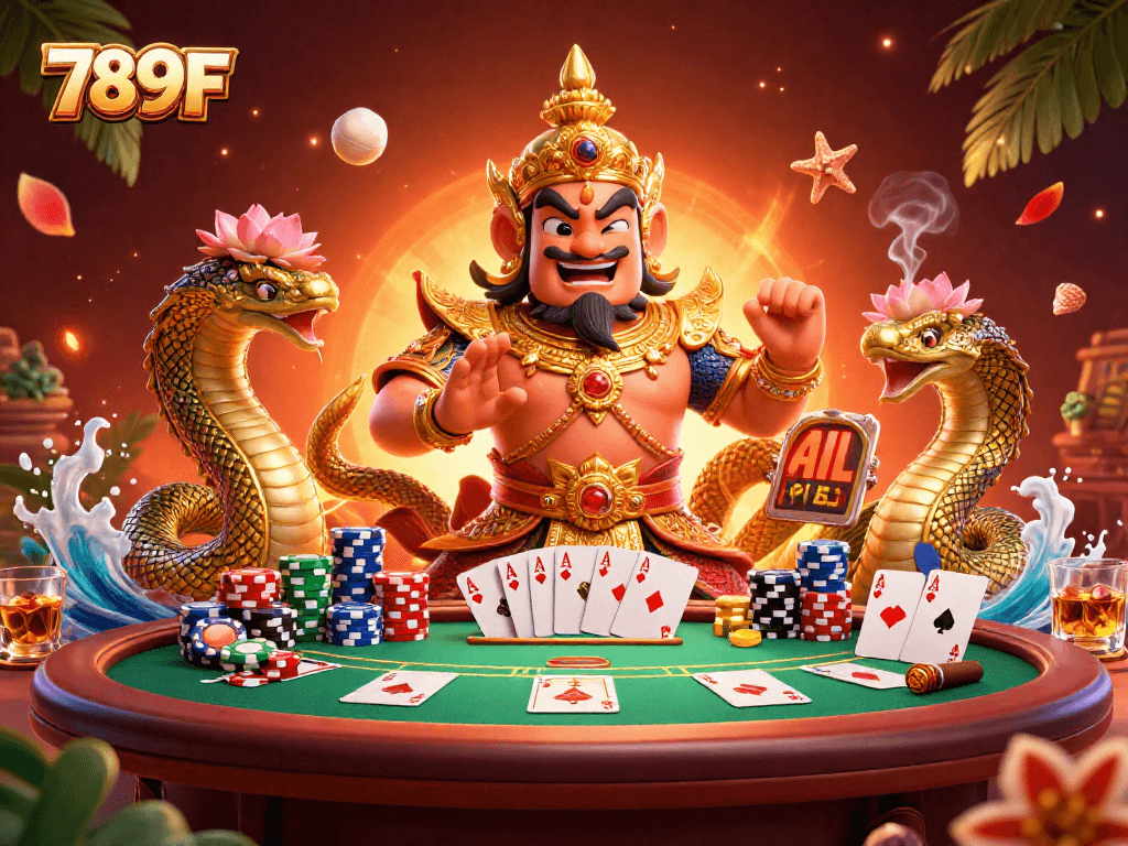 Engage with 789F at a vibrant poker table surrounded by cartoon guardian and Naga companions.