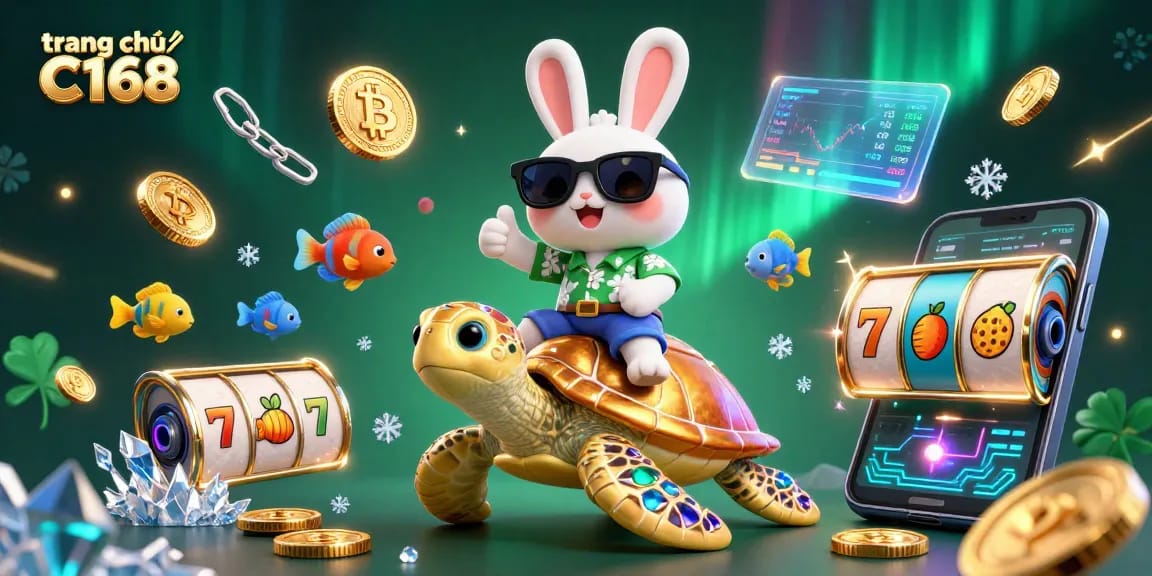 Play and win big at trang chủ C168 with a vibrant illustration of a lucky rabbit and sea turtle!